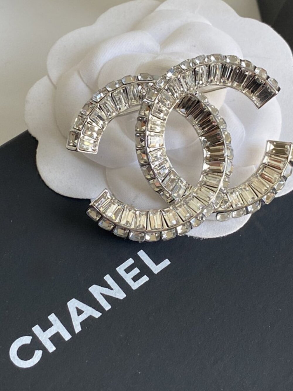 Chanel Silver Tone Baguette Crystal Interlocking CC Brooch Large Statement Pin